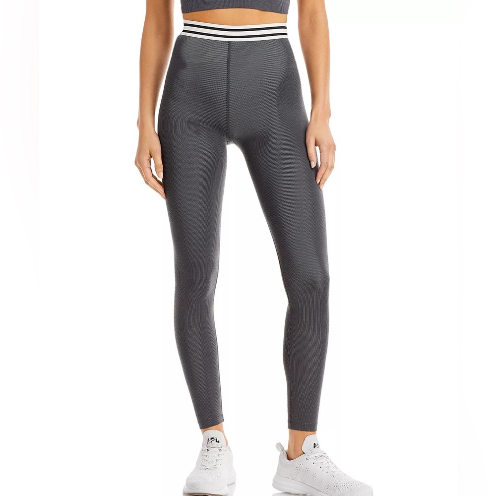 Splits59 Charcoal Gray High-Waist Textured Leggings with Striped Waistband